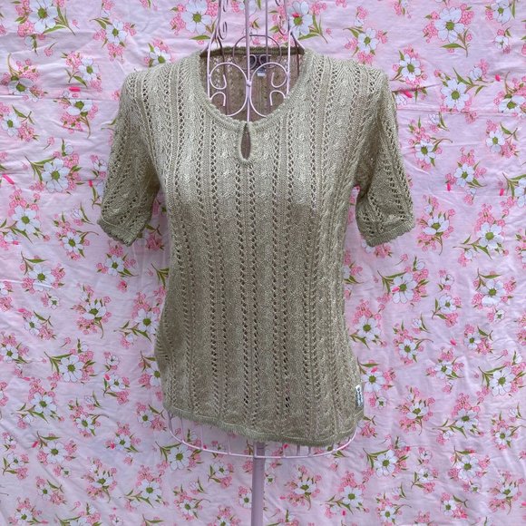Vintage 90s sweater 1990s open weave tan short sleeve top - Picture 1 of 8
